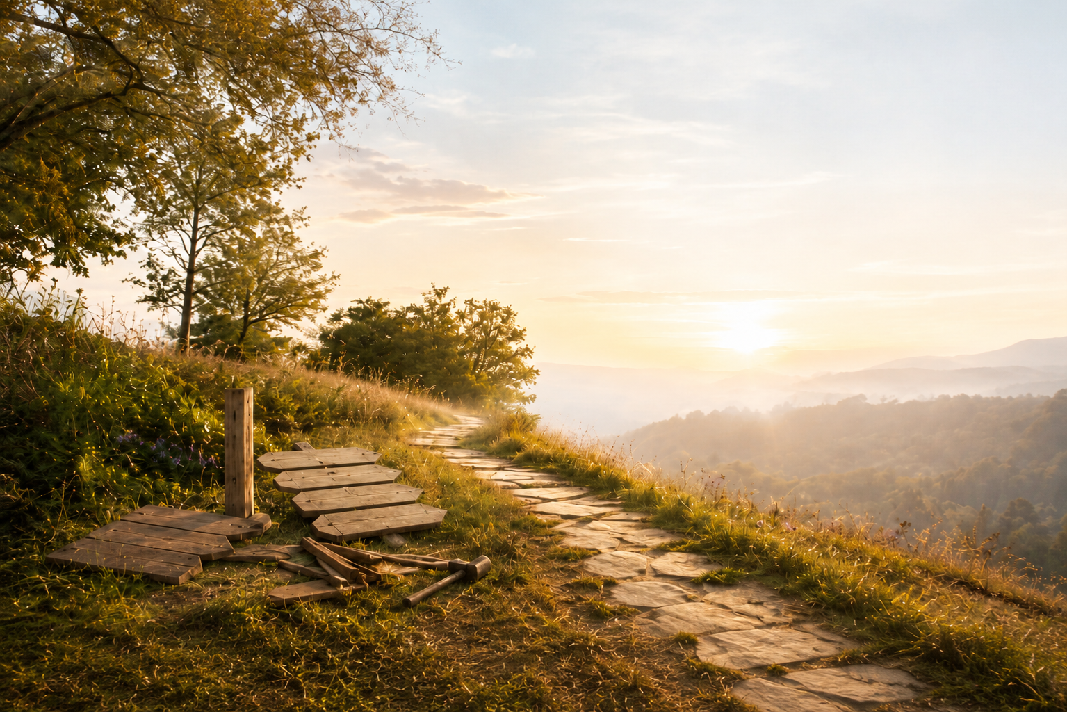 Paysage naturel avec chemin en construction